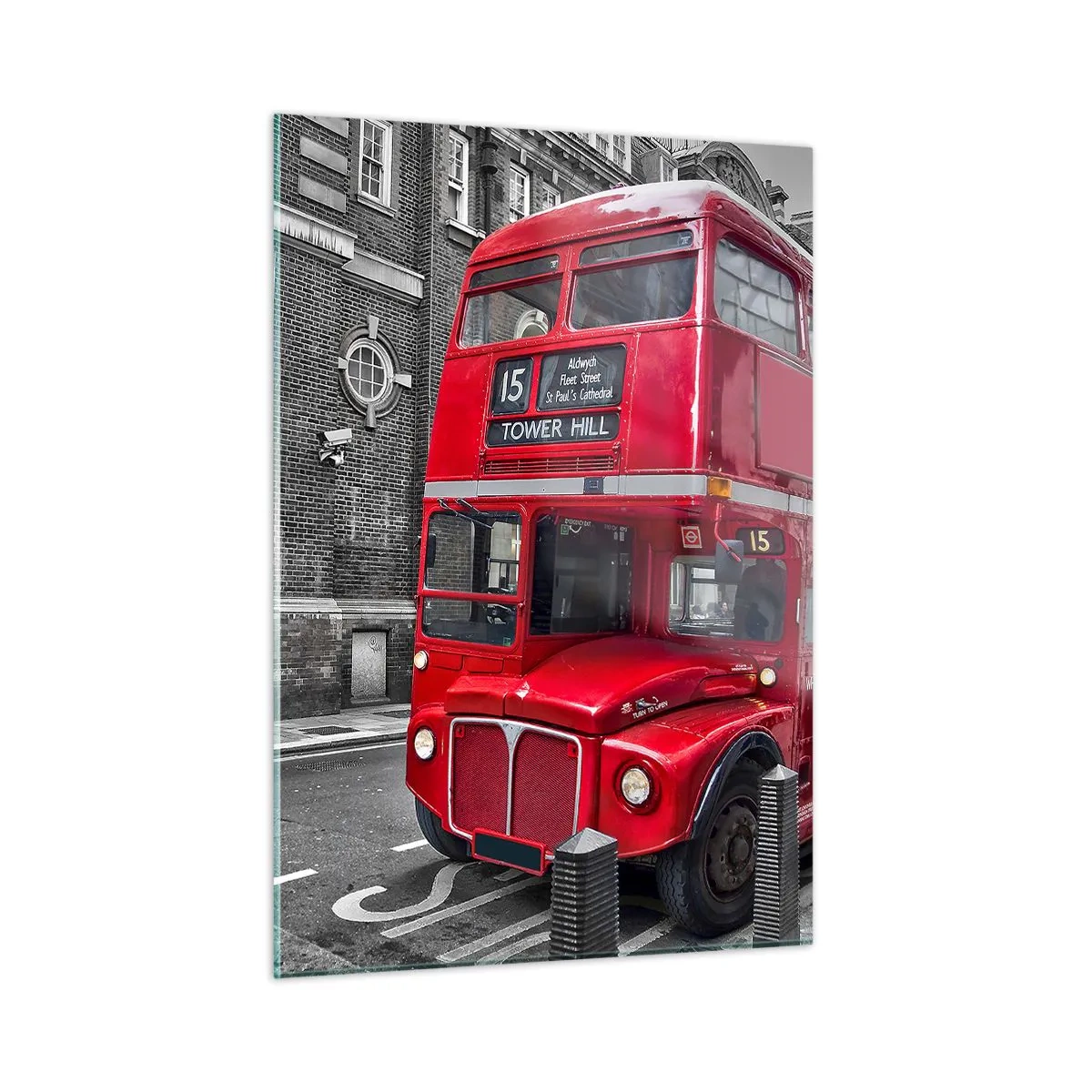Quadro su vetro - Un autobus rosso di Londra su uno sfondo di strada bianco e nero - 50x70cm - Sempre lo stesso - Decorazione murale moderna per soggiorno e camera da letto ARTTOR