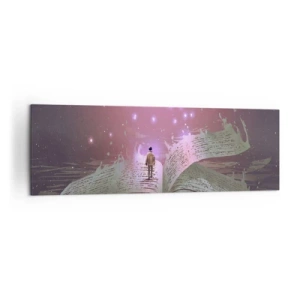 Quadro su tela - Stampe su Tela - Una figura cammina su un libro aperto in una luce magica. - 160x50cm - Invito ad un altro mondo: leggi! - Decorazione murale moderna per soggiorno e camera da letto ARTTOR