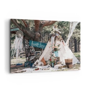 Quadro su tela - Stampe su Tela - Decorazione boho con un teepee nella foresta - 100x70cm - Make love... - Decorazione murale moderna per soggiorno e camera da letto ARTTOR