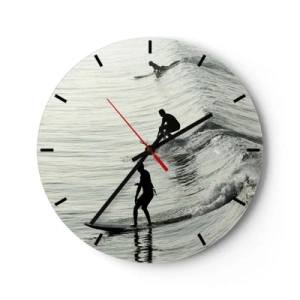 Orologio da parete - Orologio in Vetro - Surfisti che cavalcano le onde del mattino in un mare calmo - 30x30cm - Onde all'incontro - Decorazione murale moderna per soggiorno, cucina e camera da letto ARTTOR