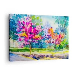 Quadro su tela - Stampe su Tela - Alberi colorati in un parco in stile acquerello - 70x50cm - Giardino multicolore nella luce della primavera - Decorazione murale moderna per soggiorno e camera da letto ARTTOR