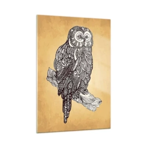 Quadro su vetro - Gufo in stile ornamentale su sfondo seppia - 50x70cm - Delicati ghirigori di saggezza - Decorazione murale moderna per soggiorno e camera da letto ARTTOR