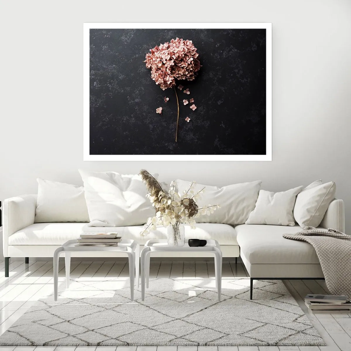 Poster - Un delicato fiore di ortensia su uno sfondo scuro - 100x70cm - Un vero segno romantico - Decorazione murale moderna per soggiorno e camera da letto ARTTOR