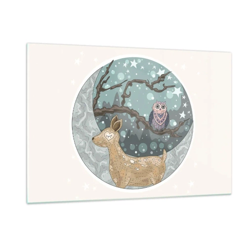 Quadro su vetro - Illustrazione di un cervo e un gufo in un ambiente magico - 120x80cm - Notte fiabesca nel bosco - Decorazione murale moderna per soggiorno e camera da letto ARTTOR