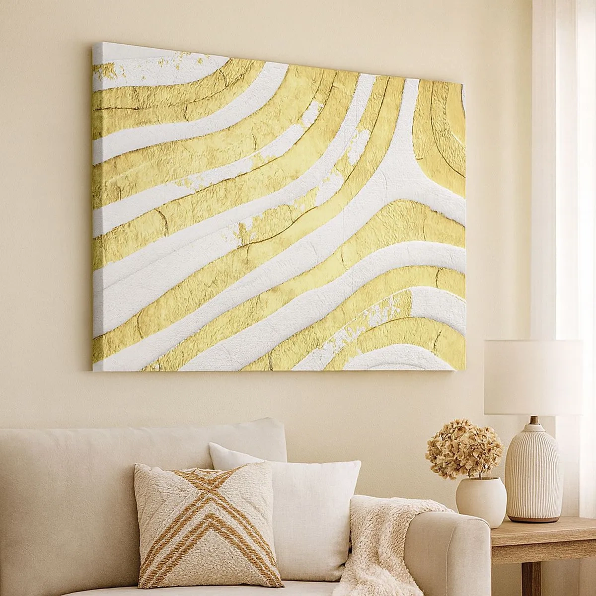 Quadro su tela - Stampe su Tela - Linee astratte dorate e bianche in una texture 3D - 70x50cm - Composizione in bianco e oro - Decorazione murale moderna per soggiorno e camera da letto ARTTOR