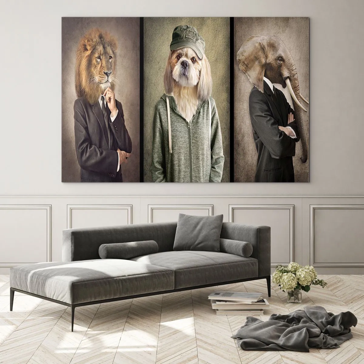 Quadro su vetro - Tre animali in vari stili, dall'elegante al casual - 120x80cm - Preferisco casual - Decorazione murale moderna per soggiorno e camera da letto ARTTOR