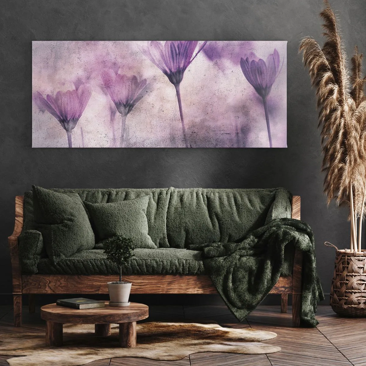 Quadro su tela - Stampe su Tela - Delicati fiori nelle tonalità del viola su uno sfondo chiaro - 160x50cm - Il sogno dei fiori - Decorazione murale moderna per soggiorno e camera da letto ARTTOR