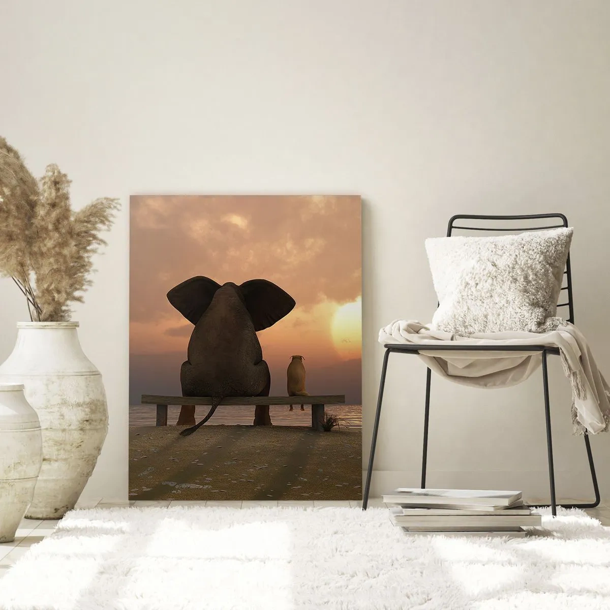 Quadro su vetro - Un elefante e un cane sono seduti su una panchina sulla spiaggia durante il tramonto. - 70x100cm - A volte bisogna tacere - Decorazione murale moderna per soggiorno e camera da letto ARTTOR