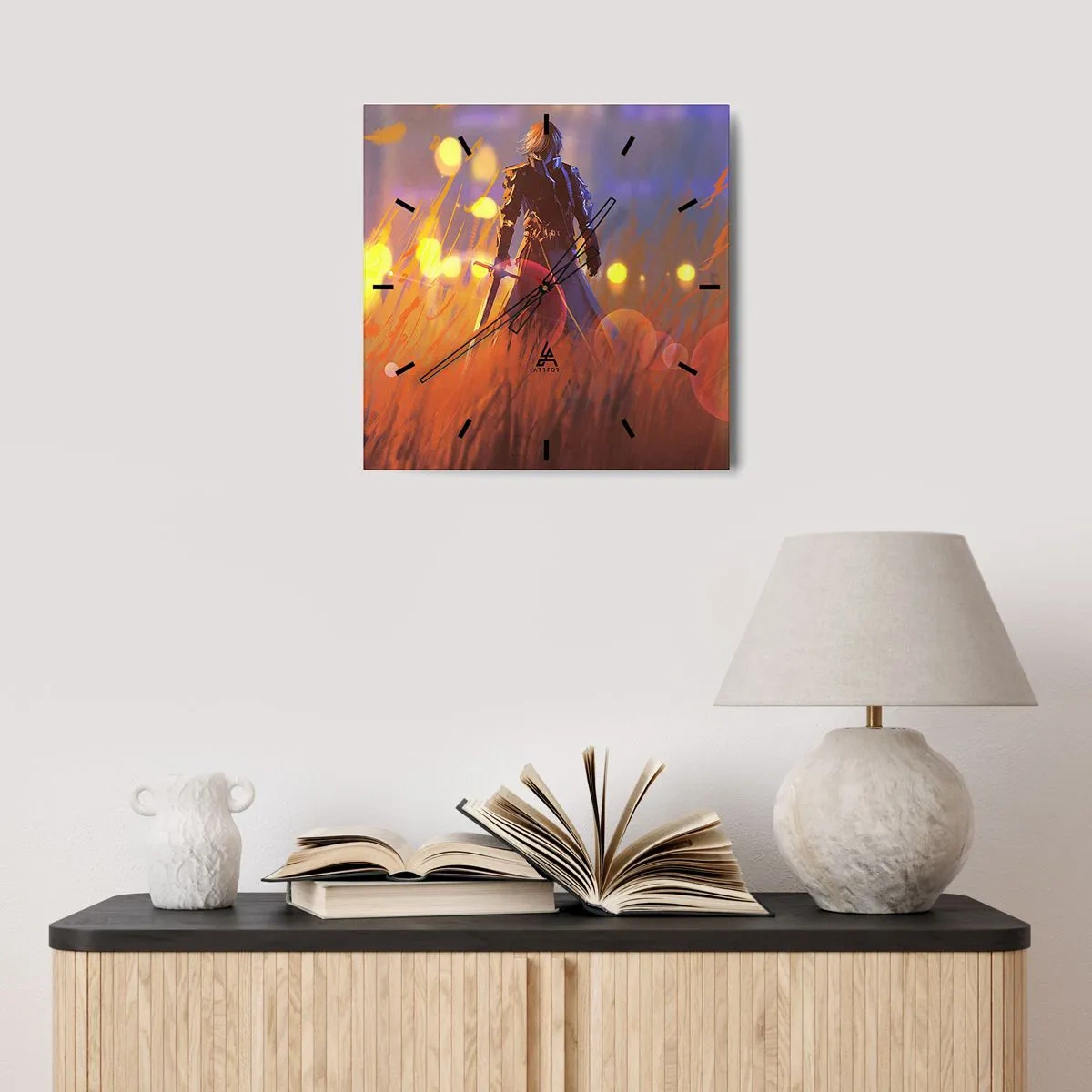 Orologio da parete - Orologio in Vetro - La figura di un cavaliere alla luce del sole al tramonto in un campo - 30x30cm - Il cavaliere errante - Decorazione murale moderna per soggiorno e camera da letto ARTTOR