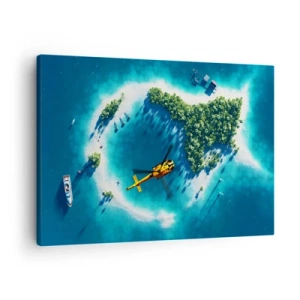 Quadro su tela - Stampe su Tela - Un'isola tropicale circondata da acque turchesi con un elicottero in vista - 70x50cm - Comprati un'isola - Decorazione murale moderna per soggiorno e camera da letto ARTTOR