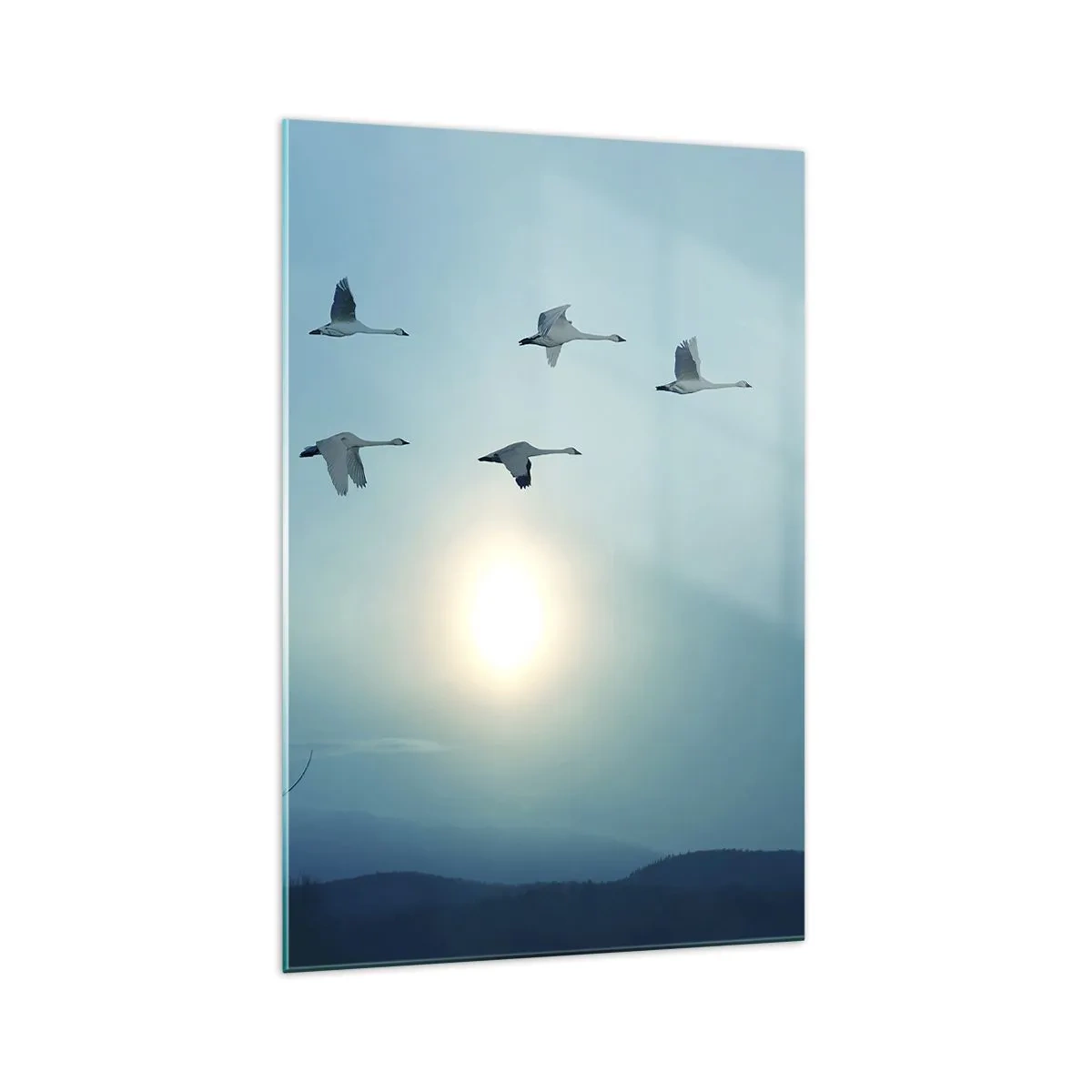 Quadro su vetro - Cigni in volo al mattino - 70x100cm - Addio estate, quest'anno - Decorazione murale moderna per soggiorno e camera da letto ARTTOR