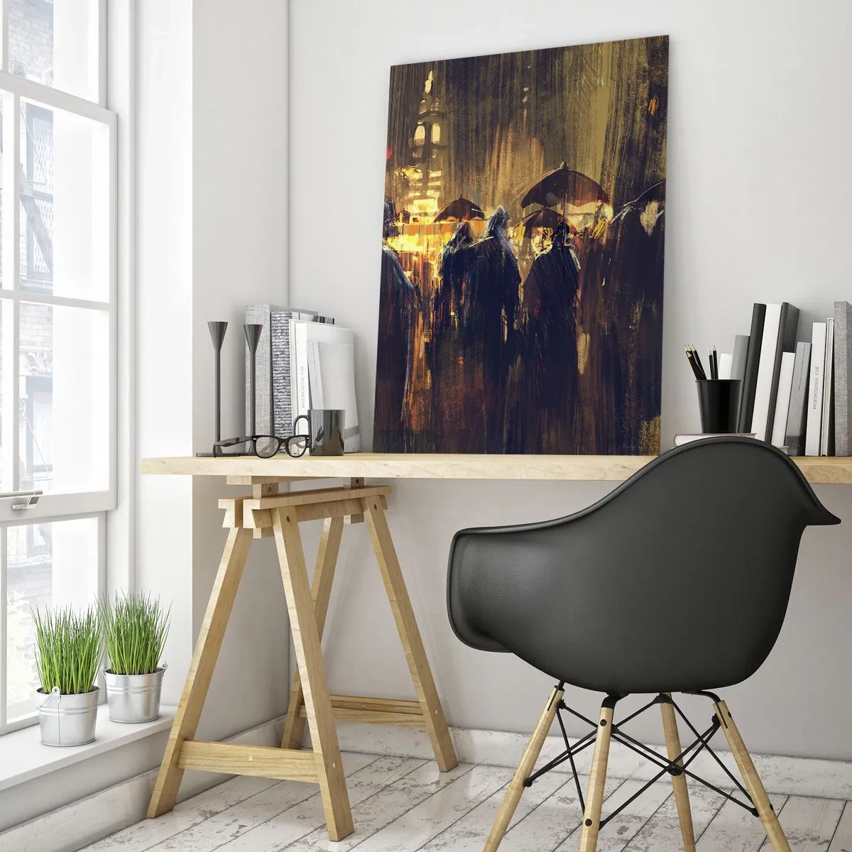 Quadro su vetro - Una folla con ombrelli sotto la pioggia sullo sfondo delle luci della città - 50x70cm - Gli adoratori della pioggia - Decorazione murale moderna per soggiorno e camera da letto ARTTOR
