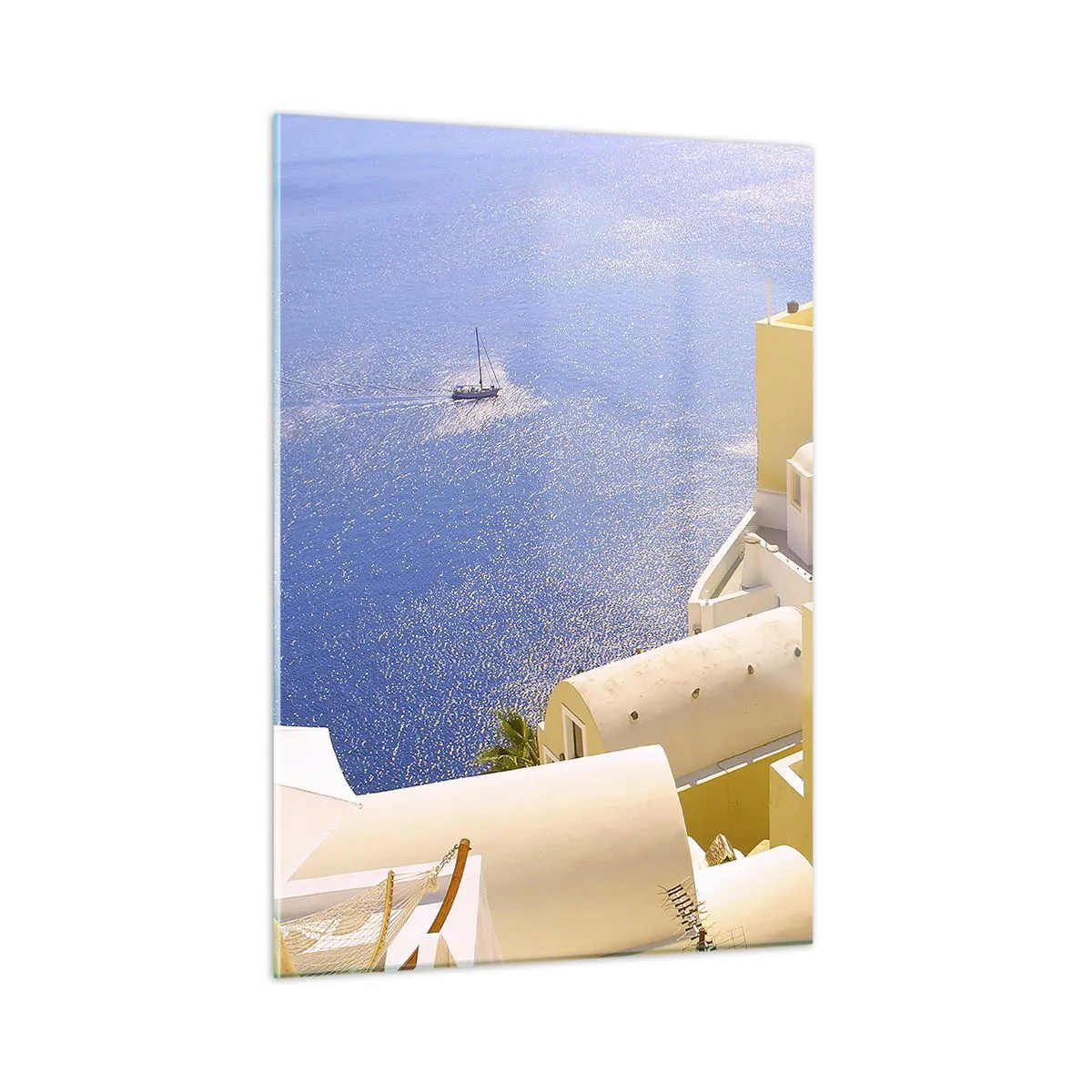 Quadro su vetro - Vista di Santorini con mare blu ed edifici bianchi - 50x70cm - Paesaggio greco in bianco e blu - Decorazione murale moderna per soggiorno e camera da letto ARTTOR