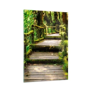 Quadro su vetro - Un ponte di legno ricoperto di muschio in una foresta pluviale tropicale - 80x120cm - Un corridoio nel verde - Decorazione murale moderna per soggiorno e camera da letto ARTTOR