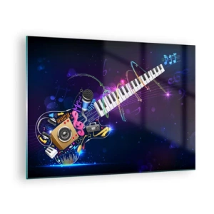 Quadro su vetro - Composizione musicale colorata con strumenti e note - 70x50cm - Armonia di suoni - Decorazione murale moderna per soggiorno e camera da letto ARTTOR
