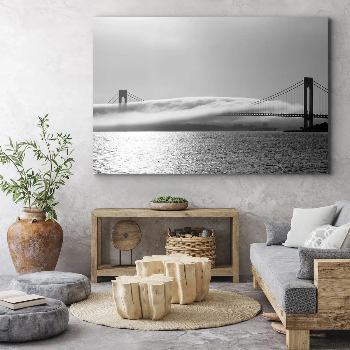 Quadro su tela - Stampe su Tela - Un ponte sull'acqua avvolto nella nebbia in uno scatto in bianco e nero - 70x50cm - Navigare attraverso la Porta d'Oro - Decorazione murale moderna per soggiorno e camera da letto ARTTOR