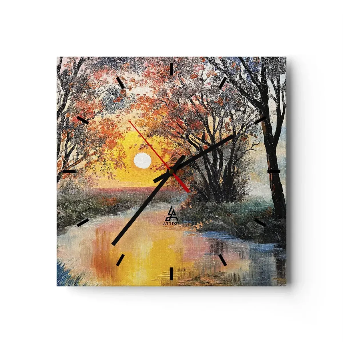 Orologio da parete - Orologio in Vetro - Tramonto sul fiume in un paesaggio autunnale - 30x30cm - Atmosfera autunnale - Decorazione murale moderna per soggiorno e camera da letto ARTTOR