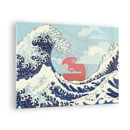 Quadro su vetro - Un'onda stilizzata ispirata all'arte giapponese - 70x50cm - Di ispirazione giapponese - Decorazione murale moderna per soggiorno e camera da letto ARTTOR