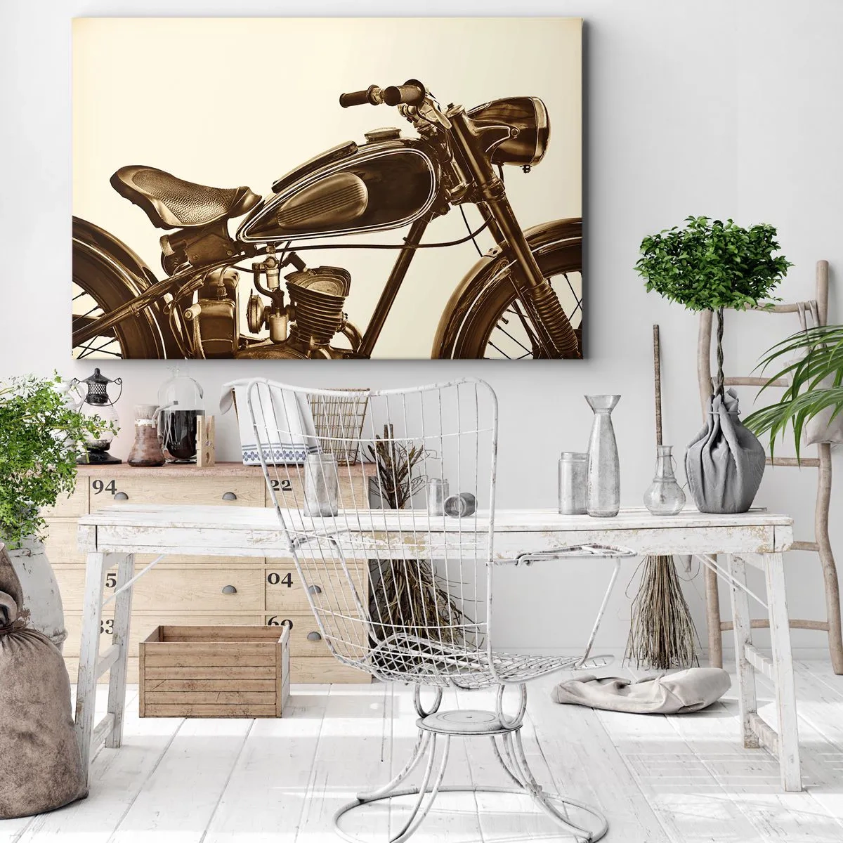 Quadro su tela - Stampe su Tela - Una motocicletta retrò d'epoca su uno sfondo chiaro - 70x50cm - Nostalgia per la classicità - Decorazione murale moderna per soggiorno e camera da letto ARTTOR