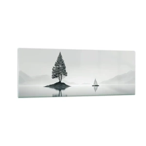 Quadro su vetro - Un paesaggio minimalista con un albero su un'isola e una barca a vela. - 140x50cm - Paesaggio onirico - Decorazione murale moderna per soggiorno e camera da letto ARTTOR