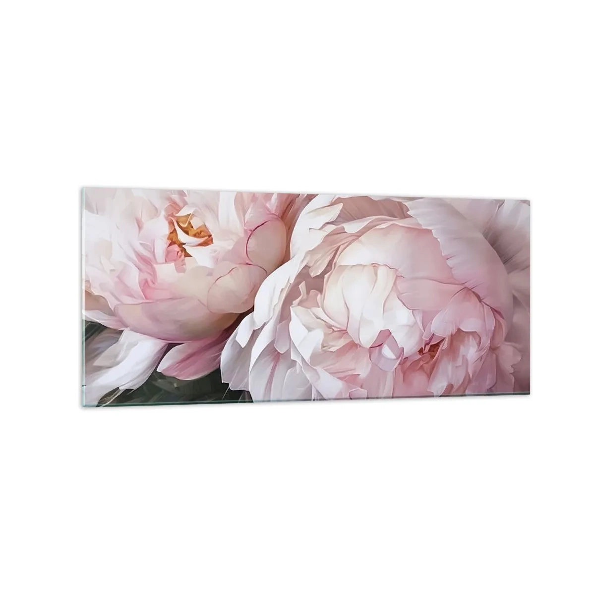 Quadro su vetro - Delicate peonie rosa in piena fioritura - 120x50cm - L'attimo della fioritura - Decorazione murale moderna per soggiorno e camera da letto ARTTOR