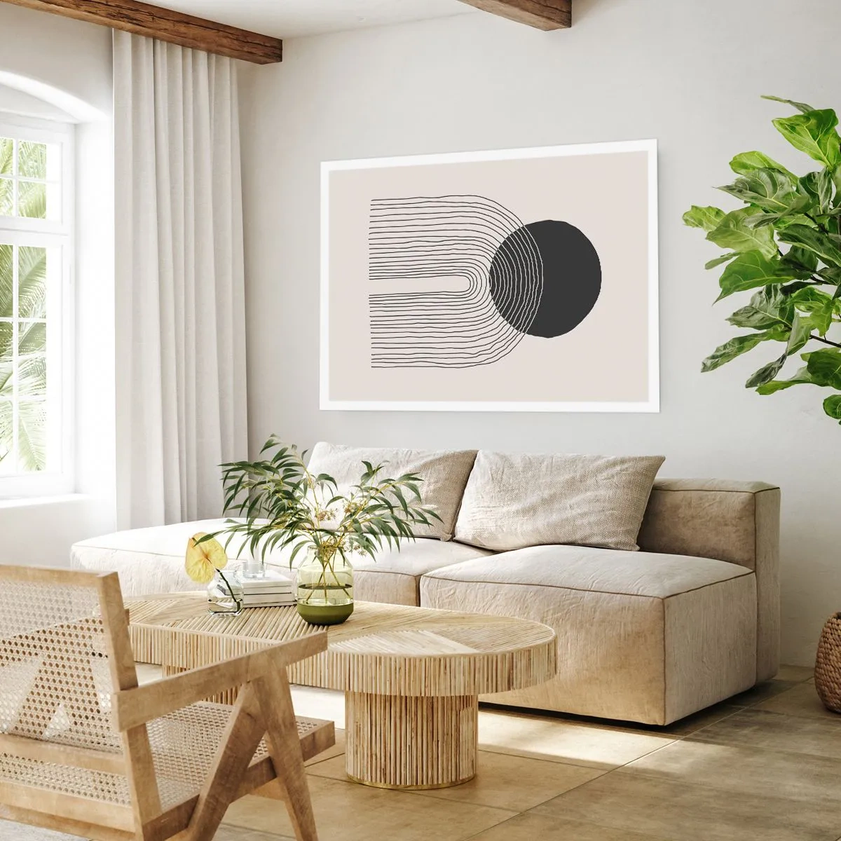 Poster - Motivo astratto con linee e un cerchio nero su uno sfondo chiaro - 100x70cm - Tremore e fiducia - Decorazione murale moderna per soggiorno e camera da letto ARTTOR