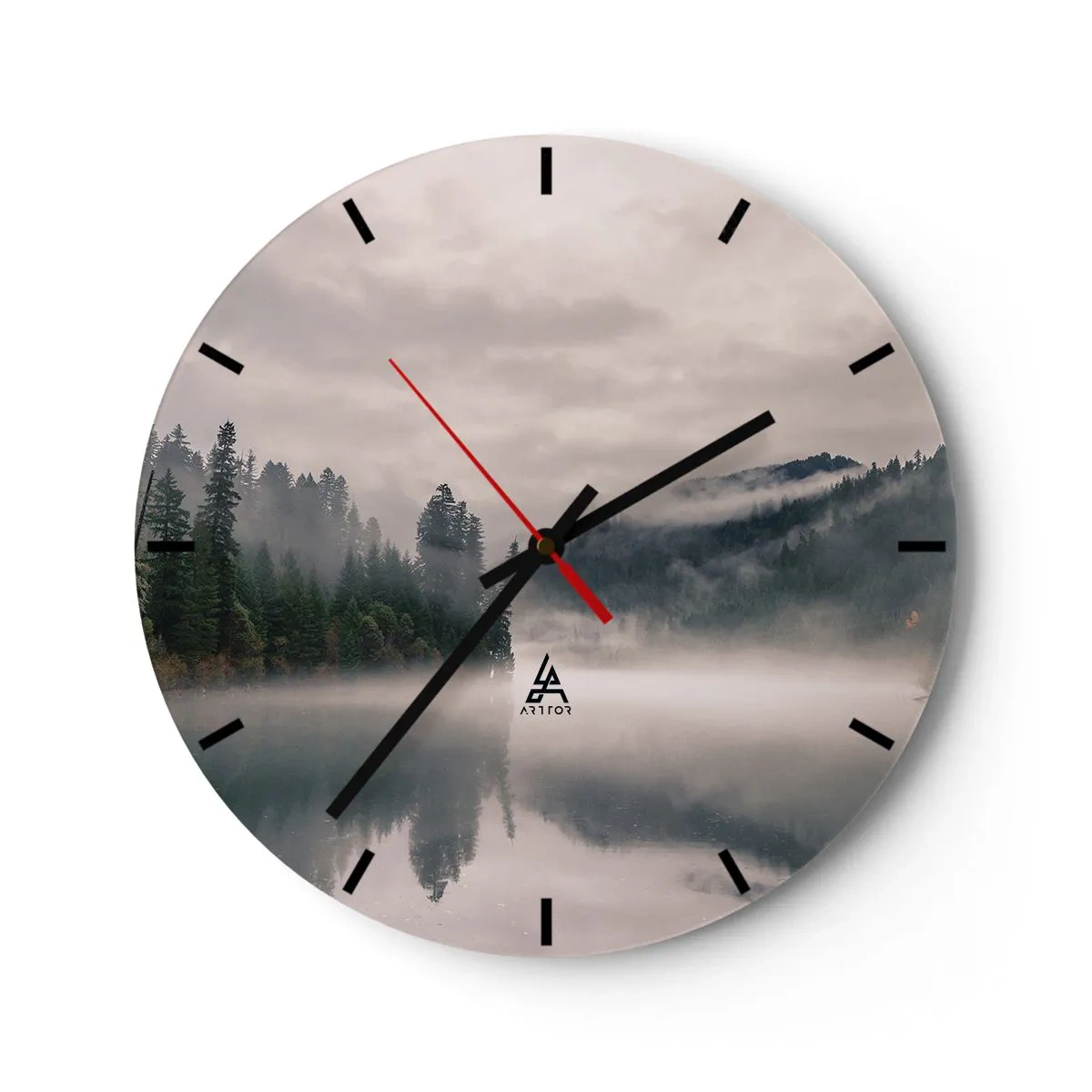 Orologio da parete - Orologio in Vetro - Foresta nebbiosa sopra un lago calmo al mattino - 30x30cm - Riflettendo nella nebbia - Decorazione murale moderna per soggiorno, cucina e camera da letto ARTTOR