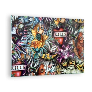 Quadro su vetro - Una composizione colorata di motivi ispirati all'arte dei tatuaggi - 70x50cm - Il sogno del tatuatore - Decorazione murale moderna per soggiorno e camera da letto ARTTOR