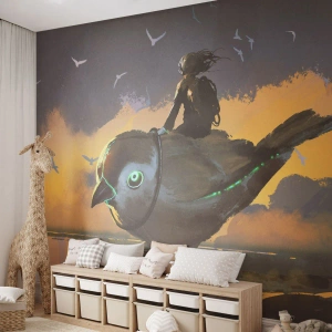 Fotomurali Premium Canvas - Cavaliere su un uccello gigante in un paesaggio surreale - 100x70cm - La sosta di un viaggio fantastico - Decorazione murale moderna per soggiorno e camera da letto ARTTOR