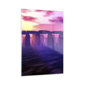 Quadro su vetro - Stonehenge alla luce di un tramonto rosa - 50x70cm - Mistero in un'alba nebbiosa - Decorazione murale moderna per soggiorno e camera da letto ARTTOR