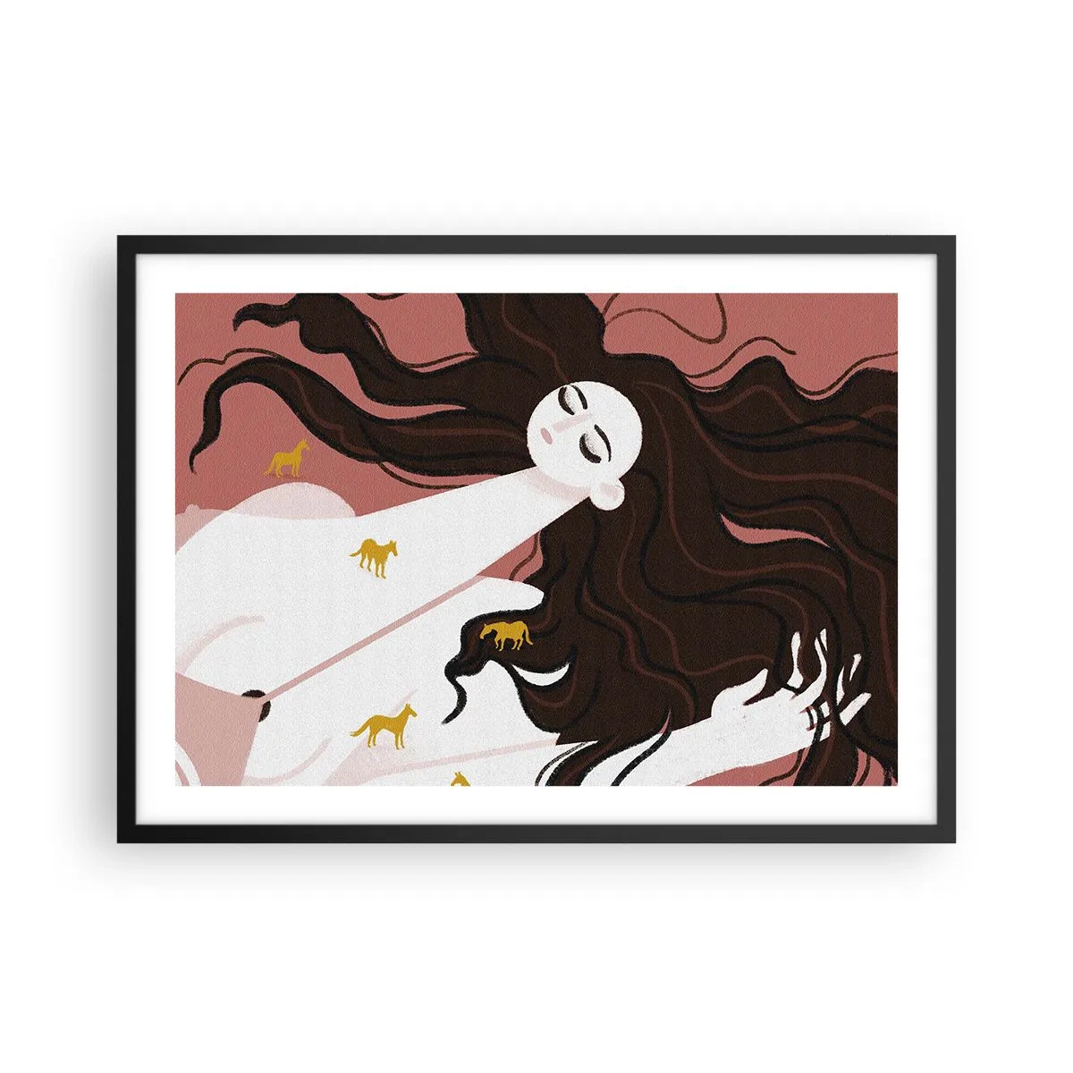 Poster in cornice nera - Una figura con gli occhi chiusi circondata da cavalli dorati - 70x50cm - Il sogno del cavallo d'oro - Decorazione murale moderna per soggiorno e camera da letto ARTTOR
