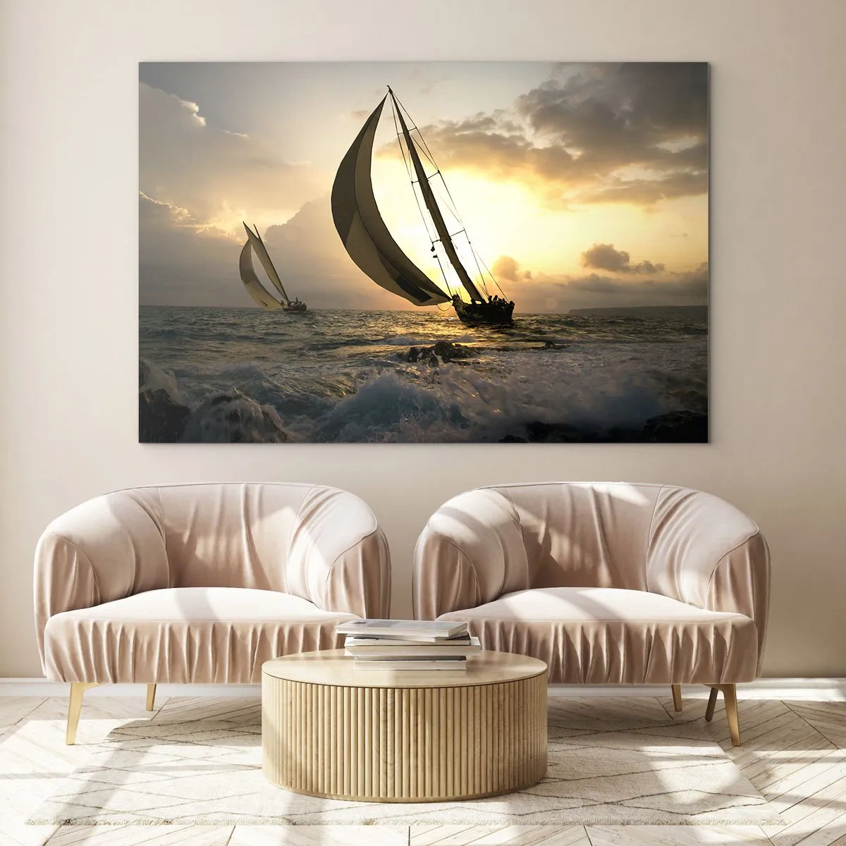 Quadro su vetro - Barche a vela in un mare in tempesta durante il tramonto - 70x50cm - Con il vento e controvento - Decorazione murale moderna per soggiorno e camera da letto ARTTOR