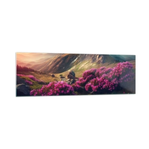 Quadro su vetro - Paesaggio montano con rododendri in fiore - 160x50cm - L'estate sui monti - Decorazione murale moderna per soggiorno e camera da letto ARTTOR