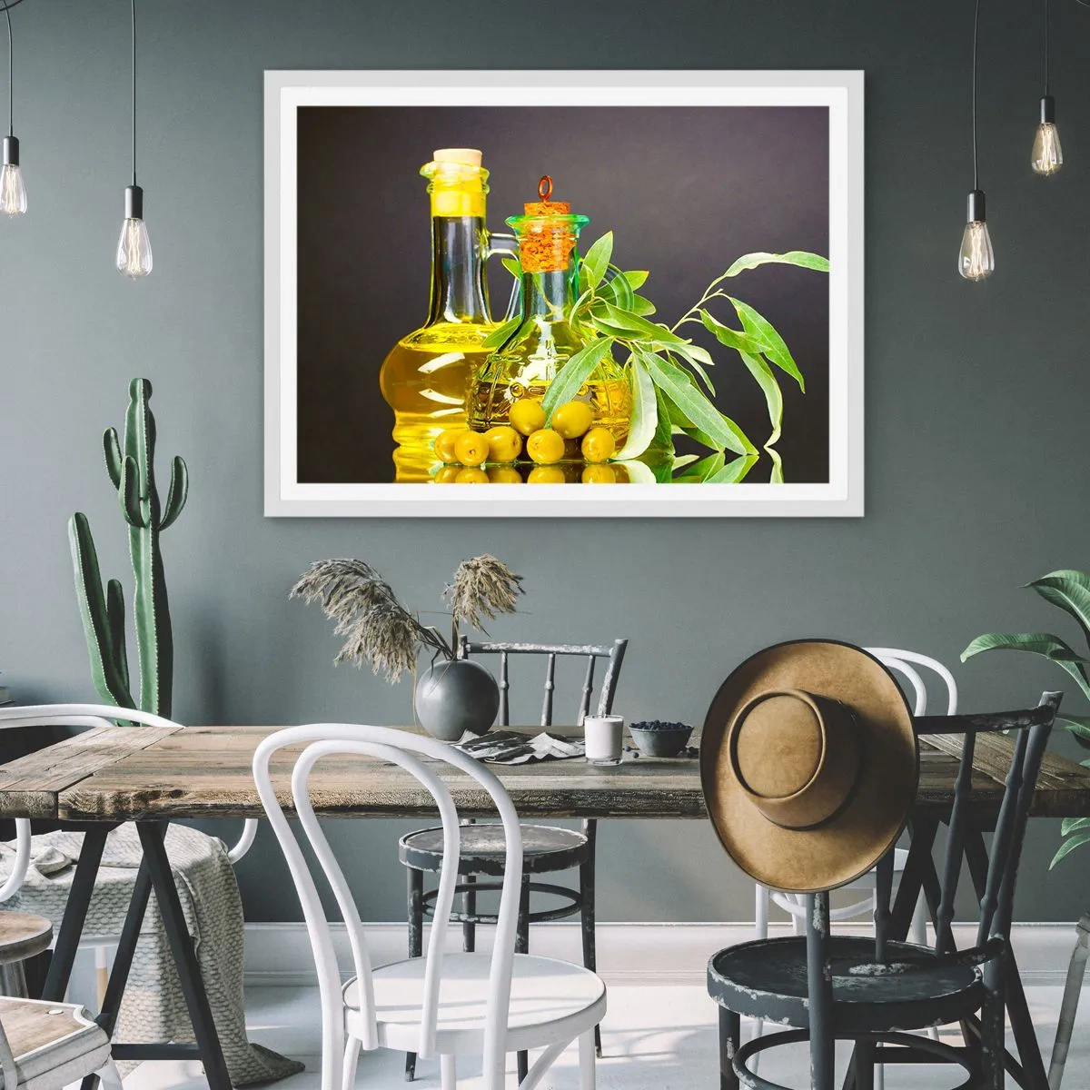 Poster in cornice bianca - Natura morta con olive e olio - 40x30 cm