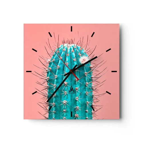 Orologio da parete - Orologio in Vetro - Un'interpretazione artistica di un cactus su uno sfondo rosa - 30x30cm - Stai attento - Decorazione murale moderna per soggiorno e camera da letto ARTTOR