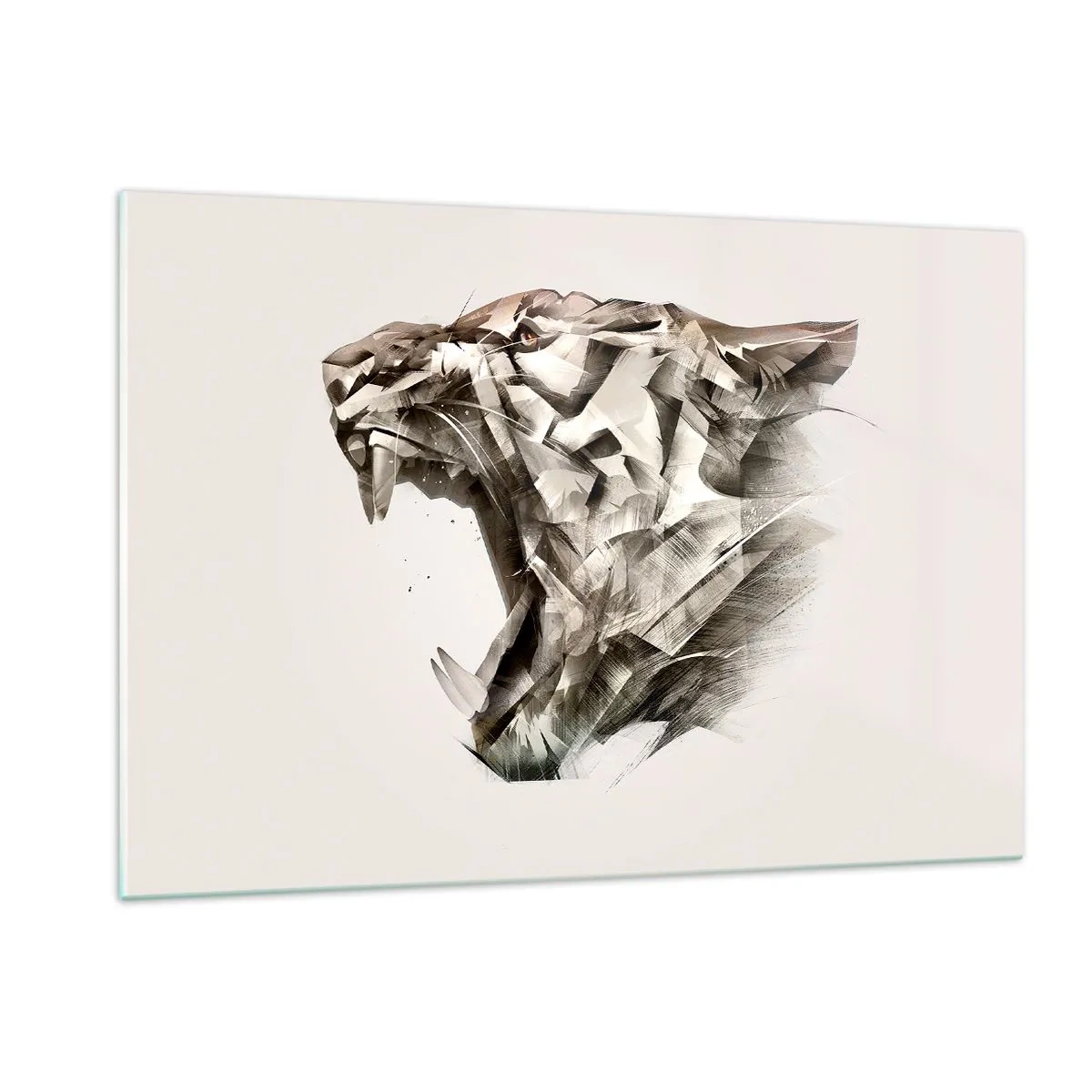 Quadro su vetro - Illustrazione geometrica di una tigre ruggente su uno sfondo chiaro - 120x80cm - Sai chi comanda - Decorazione murale moderna per soggiorno e camera da letto ARTTOR