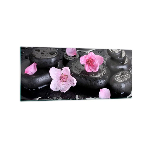 Quadro su vetro - Pietre nere e fiori rosa in stile spa - 120x50cm - E il cuore si libera di un peso - Decorazione murale moderna per soggiorno e camera da letto ARTTOR