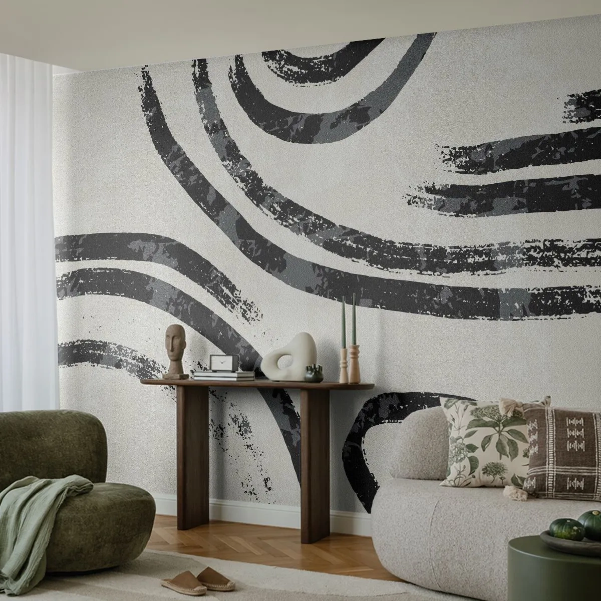 Fotomurali Premium Sand - Linee grafiche nere su uno sfondo chiaro e strutturato - 100x70cm - Interrotto a metà - Decorazione murale moderna per soggiorno e camera da letto ARTTOR
