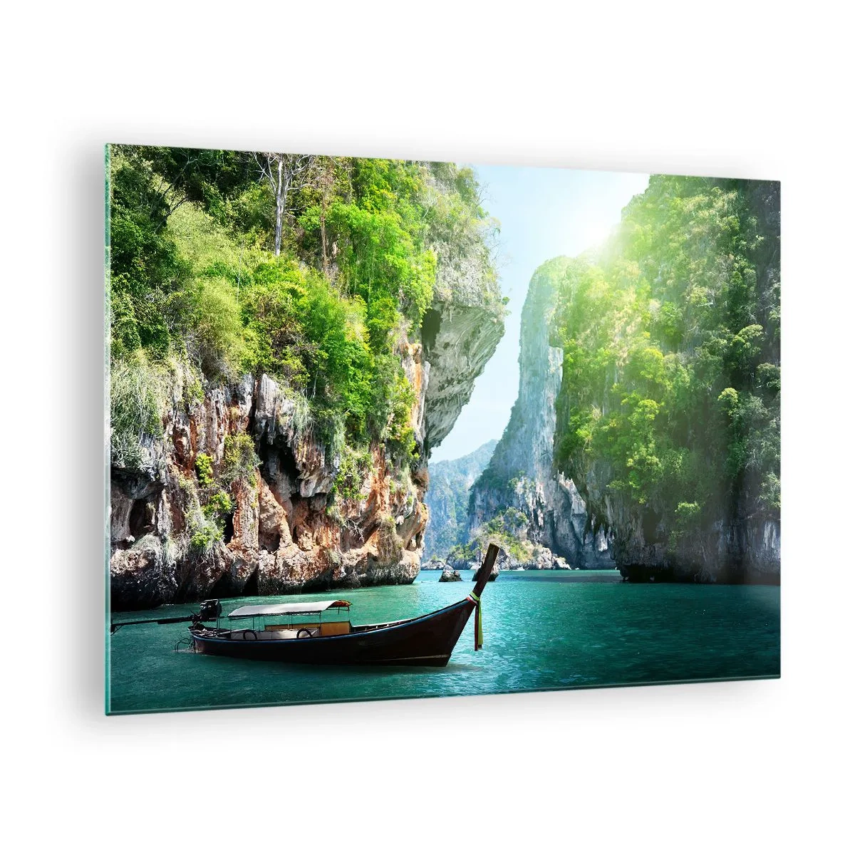 Quadro su vetro - Una barca tradizionale sull'acqua turchese tra le scogliere - 70x50cm - Invito a un viaggio esotico - Decorazione murale moderna per soggiorno e camera da letto ARTTOR