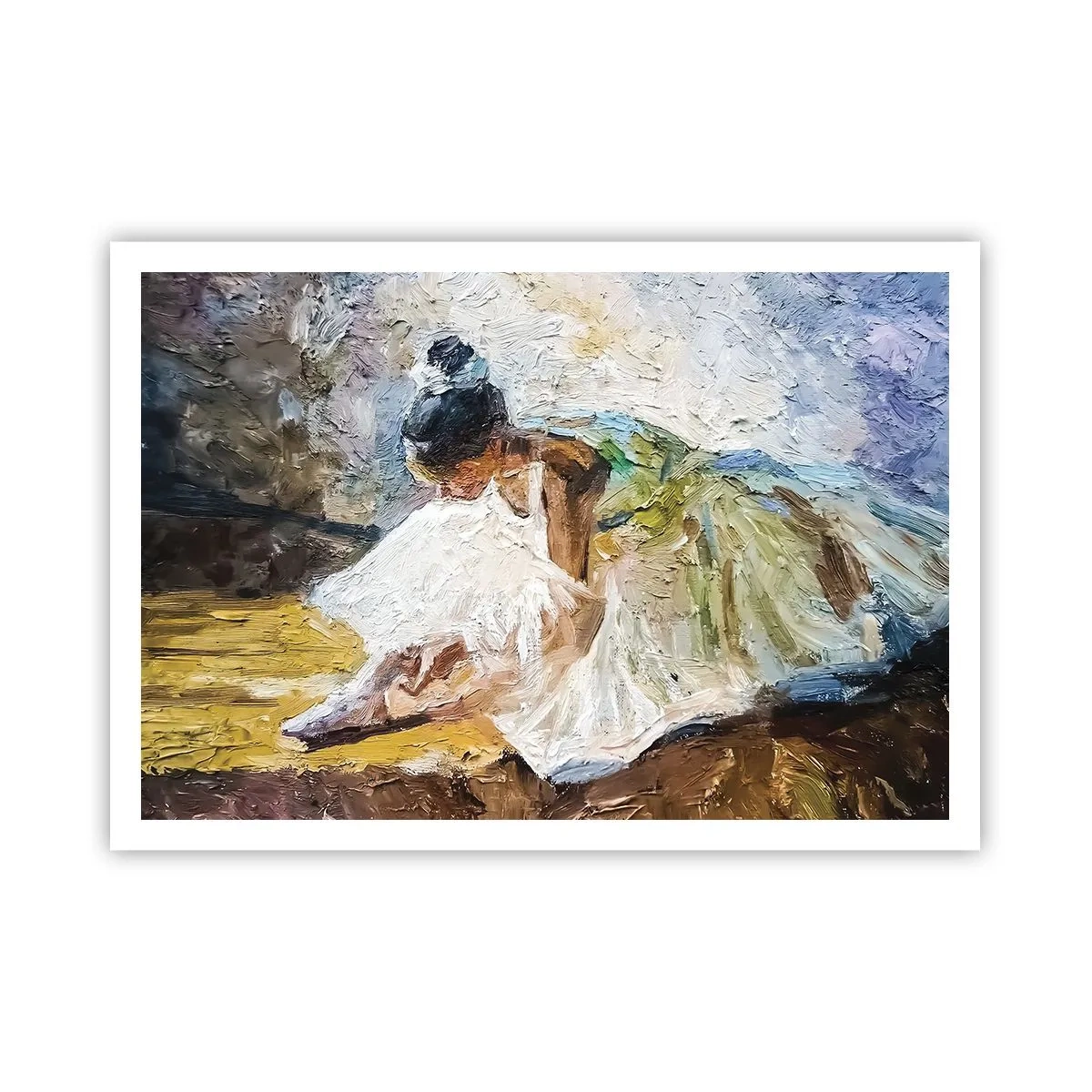 Poster - Una ballerina in abito bianco in stile pittorico su uno sfondo impressionista. - 100x70cm - Dal quadro di Degas - Decorazione murale moderna per soggiorno e camera da letto ARTTOR
