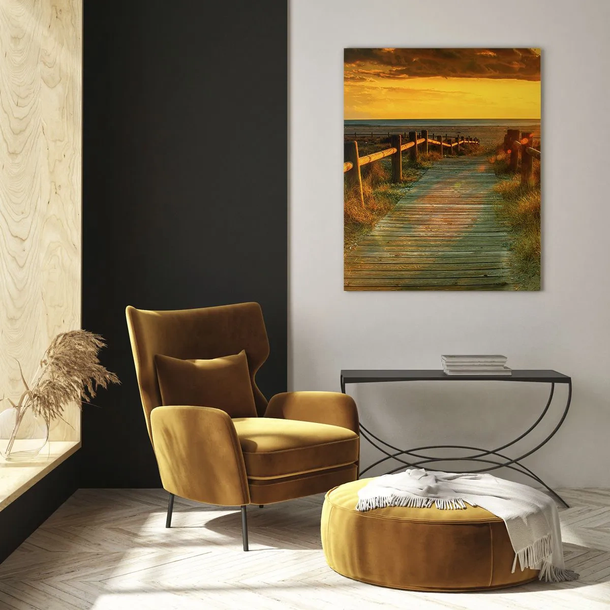 Quadro su vetro - Un sentiero in legno che conduce verso il tramonto - 50x70cm - Immerse nell'oro vecchio - Decorazione murale moderna per soggiorno e camera da letto ARTTOR