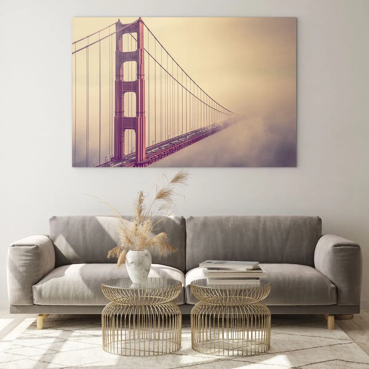 Quadro su vetro - Il Golden Gate Bridge di San Francisco in un paesaggio nebbioso - 100x70cm - Tra il cielo e la terra - Decorazione murale moderna per soggiorno e camera da letto ARTTOR