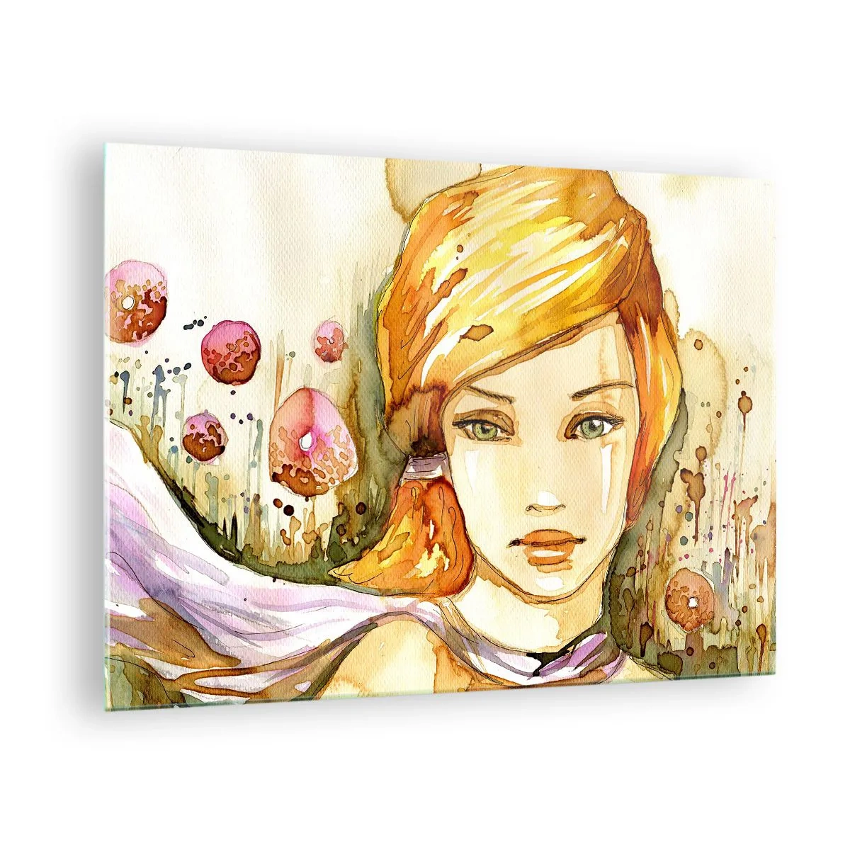 Quadro su vetro - Ritratto di una donna in stile acquerello con astrazione - 70x50cm - Sguardo di smeraldo, che calma l'ira - Decorazione murale moderna per soggiorno e camera da letto ARTTOR