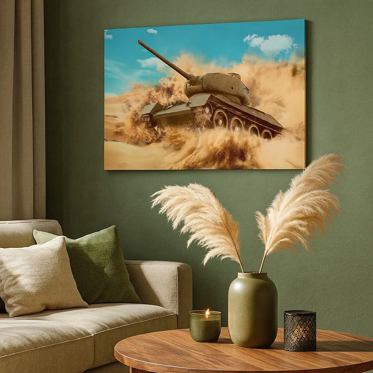 Quadro su tela - Stampe su Tela - Un carro armato in azione nel deserto, circondato da polvere di sabbia. - 70x50cm - Imbattibile - Decorazione murale moderna per soggiorno e camera da letto ARTTOR