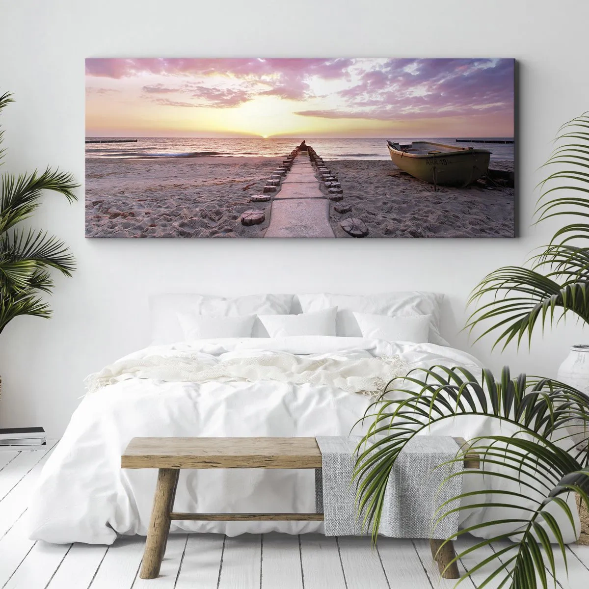 Quadro su tela - Stampe su Tela - Spiaggia all'alba con barca e molo - 120x50cm - Un momento profondo - Decorazione murale moderna per soggiorno e camera da letto ARTTOR