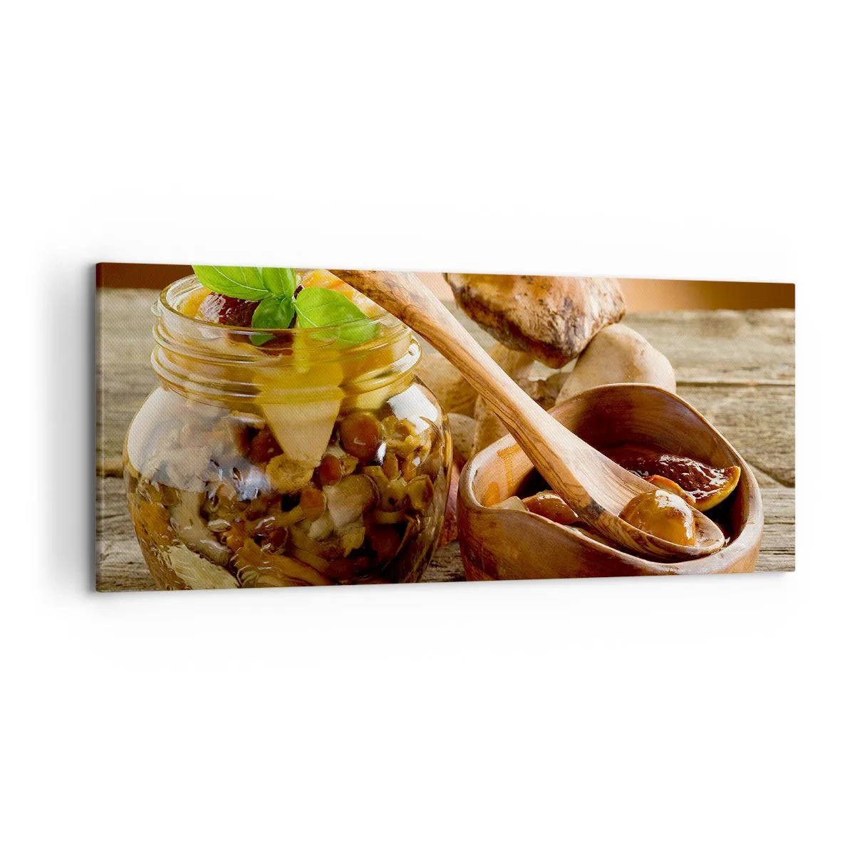 Quadro su tela - Stampe su Tela - Funghi naturali in un barattolo su un tavolo rustico - 120x50cm - Freschi, conservati, autunnali... - Decorazione murale moderna per soggiorno e camera da letto ARTTOR
