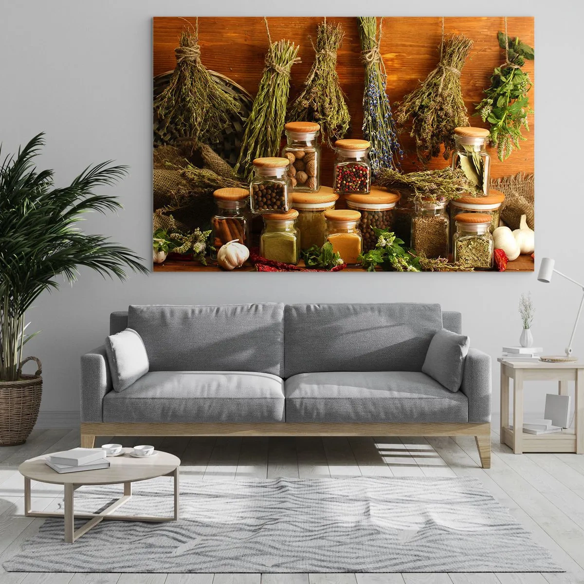 Quadro su vetro - Erbe e spezie in barattoli su fondo in legno - 120x80cm - Magie di cucina - Decorazione murale moderna per soggiorno e camera da letto ARTTOR