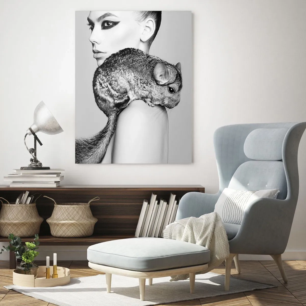 Quadro su vetro - Donna stilizzata con un cincillà in un'elegante composizione in bianco e nero - 70x100cm - Dama con il cincillà - Decorazione murale moderna per soggiorno e camera da letto ARTTOR