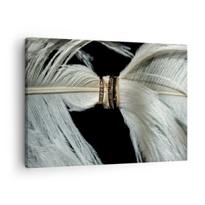 Quadro su tela - Stampe su Tela - Una piuma bianca con due anelli d'oro su uno sfondo nero - 70x50cm - ...e non ti lascerò... - Decorazione murale moderna per soggiorno e camera da letto ARTTOR
