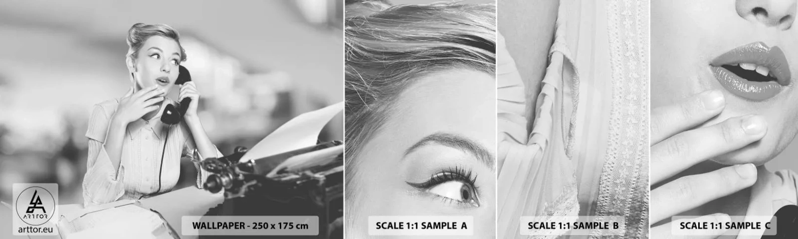 Campione di Fotomurale Adesivo Deluxe Sticker - Salve, qui gli anni '50 - Vintage ▾, Bianco e nero, retrò - 100x30 cm